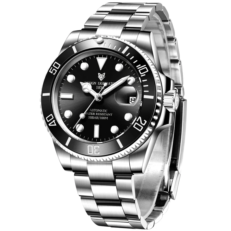 Relógio Mecânico Automático (prateado E Preto), Elegante, Esportivo E À Prova D'água.