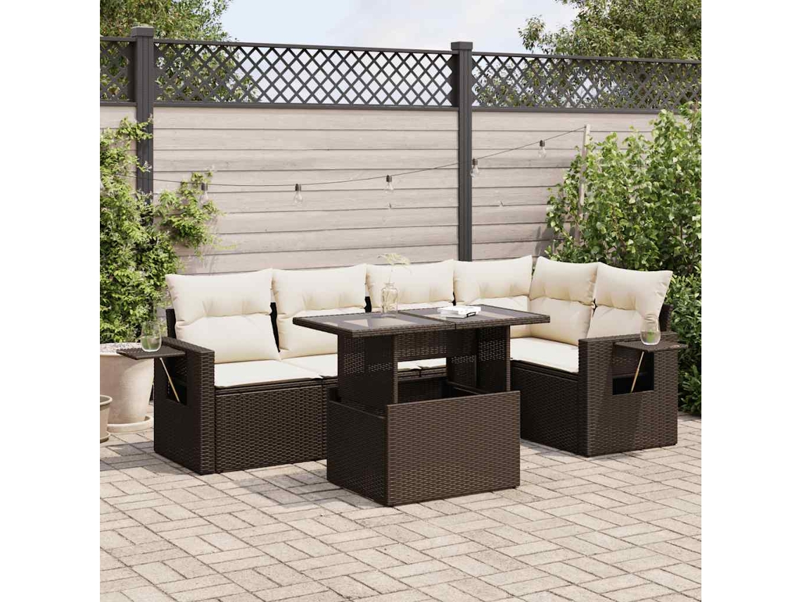 Vidaxl 6 Pcs Conjunto De Sofás Jardim C/ Almofadões Vime Pe Castanho