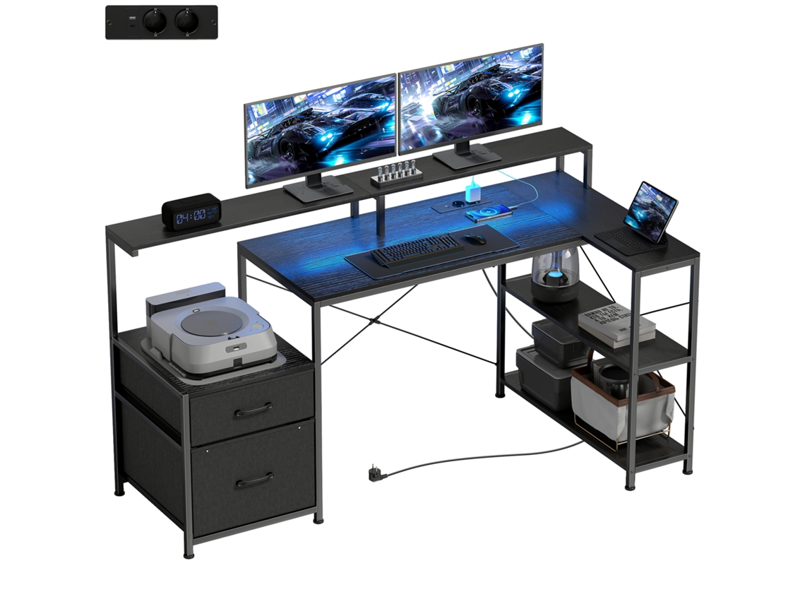 Mesa de Jogos em Formato de L com Led e Soquetes, com Suporte Duplo para Monitores, 165x80x91,5 Cm, Visual de Madeira Preta Ge