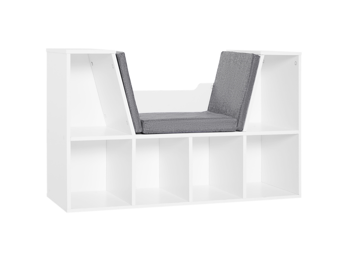 Estante com Assento e 6 Cubos para Livros, com Banco e Almofada, em Branco e Cinza BTFORUS
