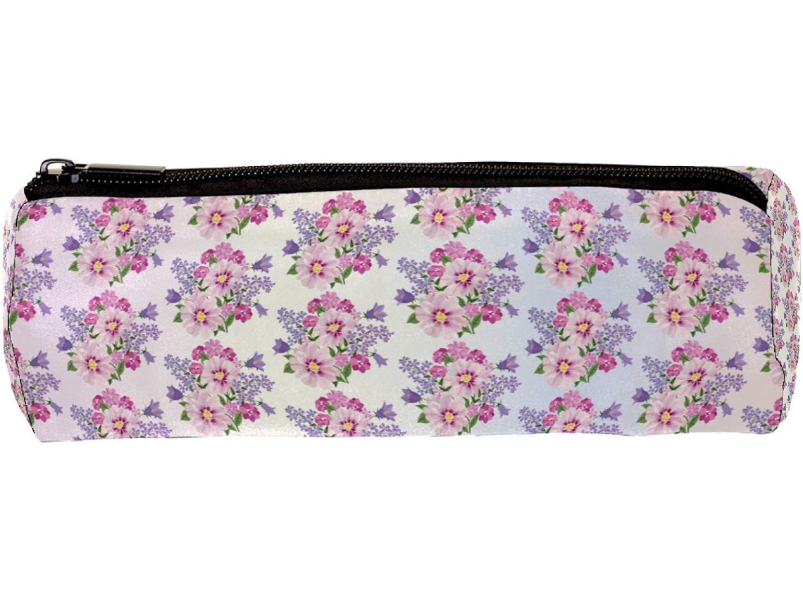 Estojo para lápis com estampa floral, rosa e vermelho.