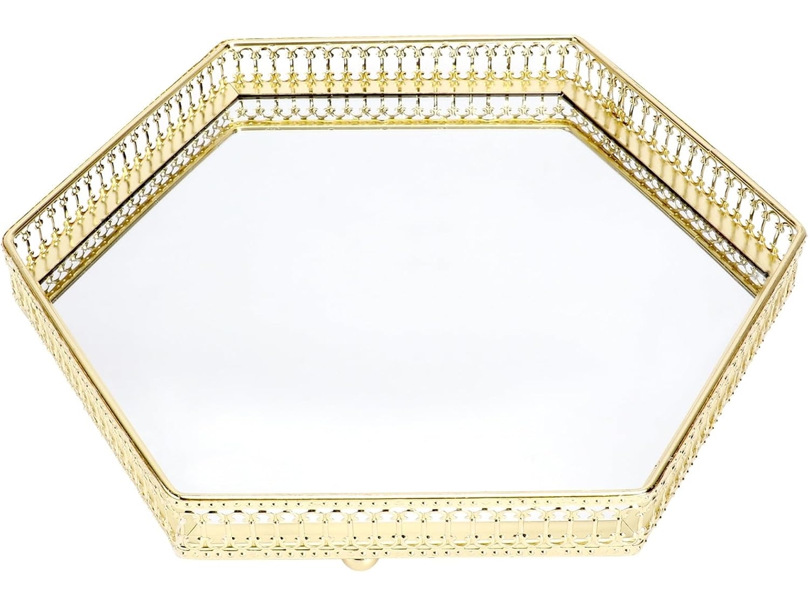 Bandeja Decorativa Hexagonal Grande Nuobesty Em Metal Espelhado Com Efeito De Vidro, Bandeja Organizadora.