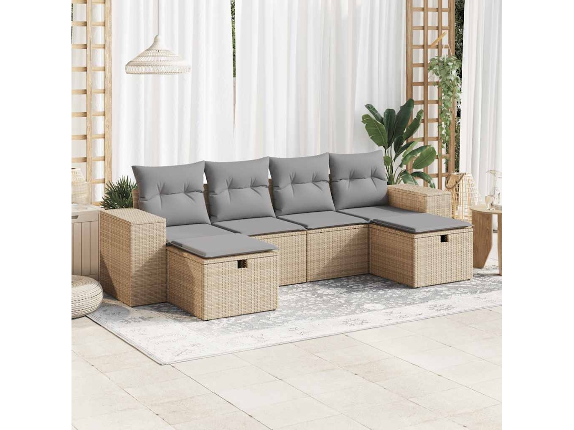 Vidaxl 6 Pcs Conjunto De Sofás P/ Jardim Com Almofadões Vime Pe Bege