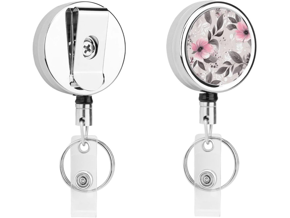 Porta Crachá Com Estampa De Flores E Folhas Rosa Sobre Fundo Cinza, Clipe Retrátil De Metal, Cordão De Nylon Portátil