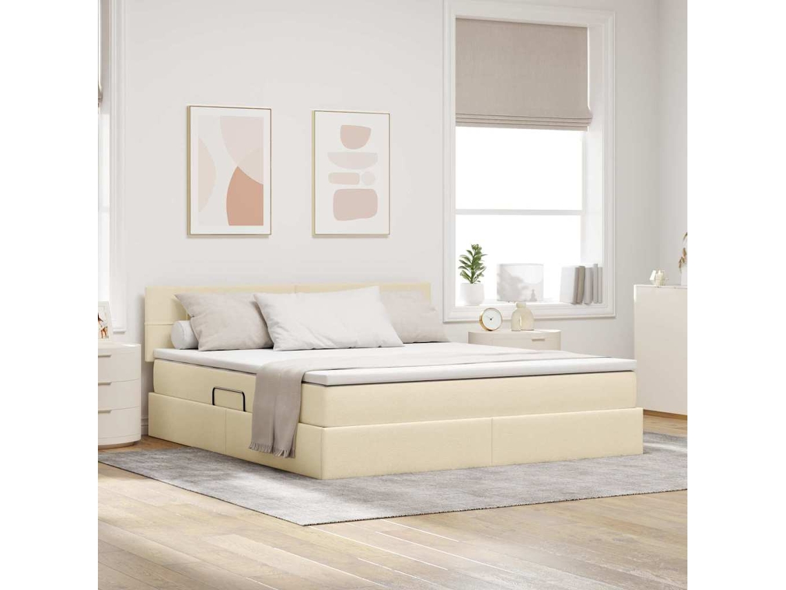 Vidaxl Cama De Armazenamento Led Com Colchão Creme 160 X 200 Cm Tecido