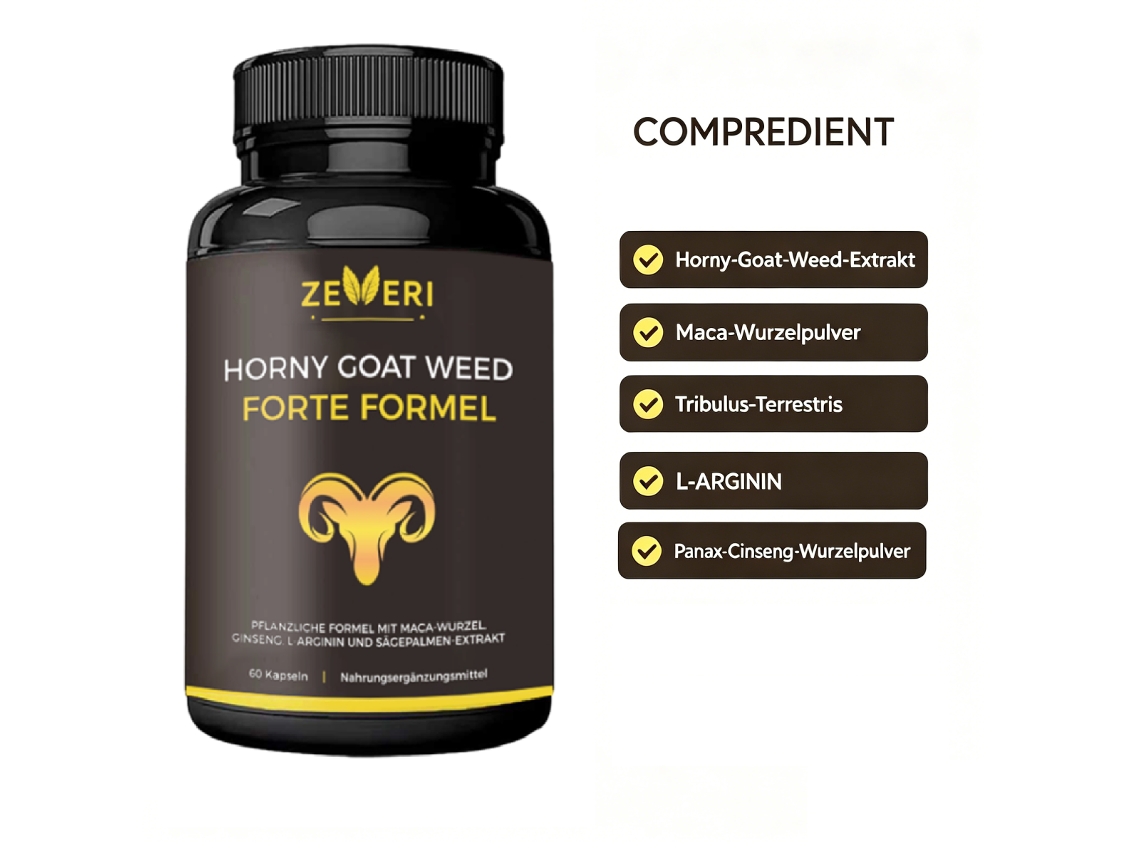 Cápsulas de Horny Goat Weed, 60 Cápsulas , com Maca, Tribulus Terrestris, L arginina e Ginseng ZEVERI (30 Doses)