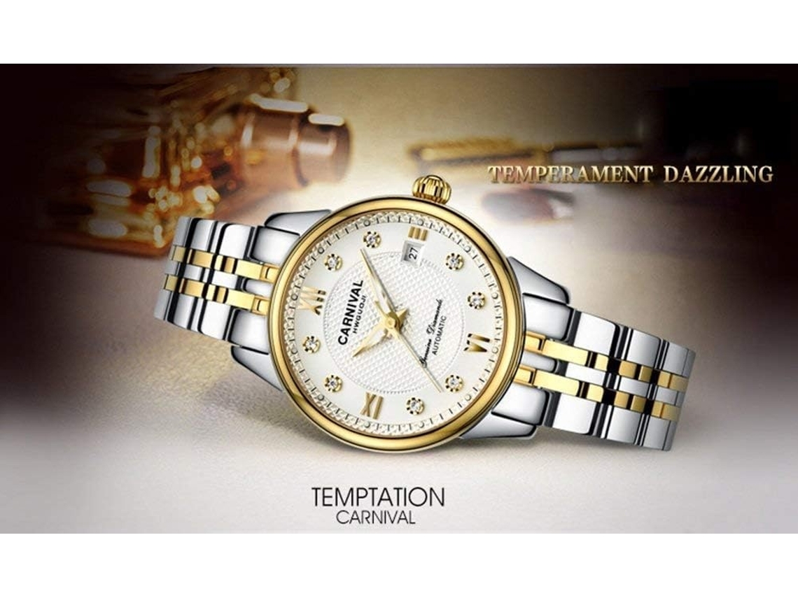Lurelia Relógio Mecânico Feminino, Automático, Data/calendário, Luminoso, Detalhes Com Strass, Aço Inoxidável, Abs, Resistente À Água 30m, Branco