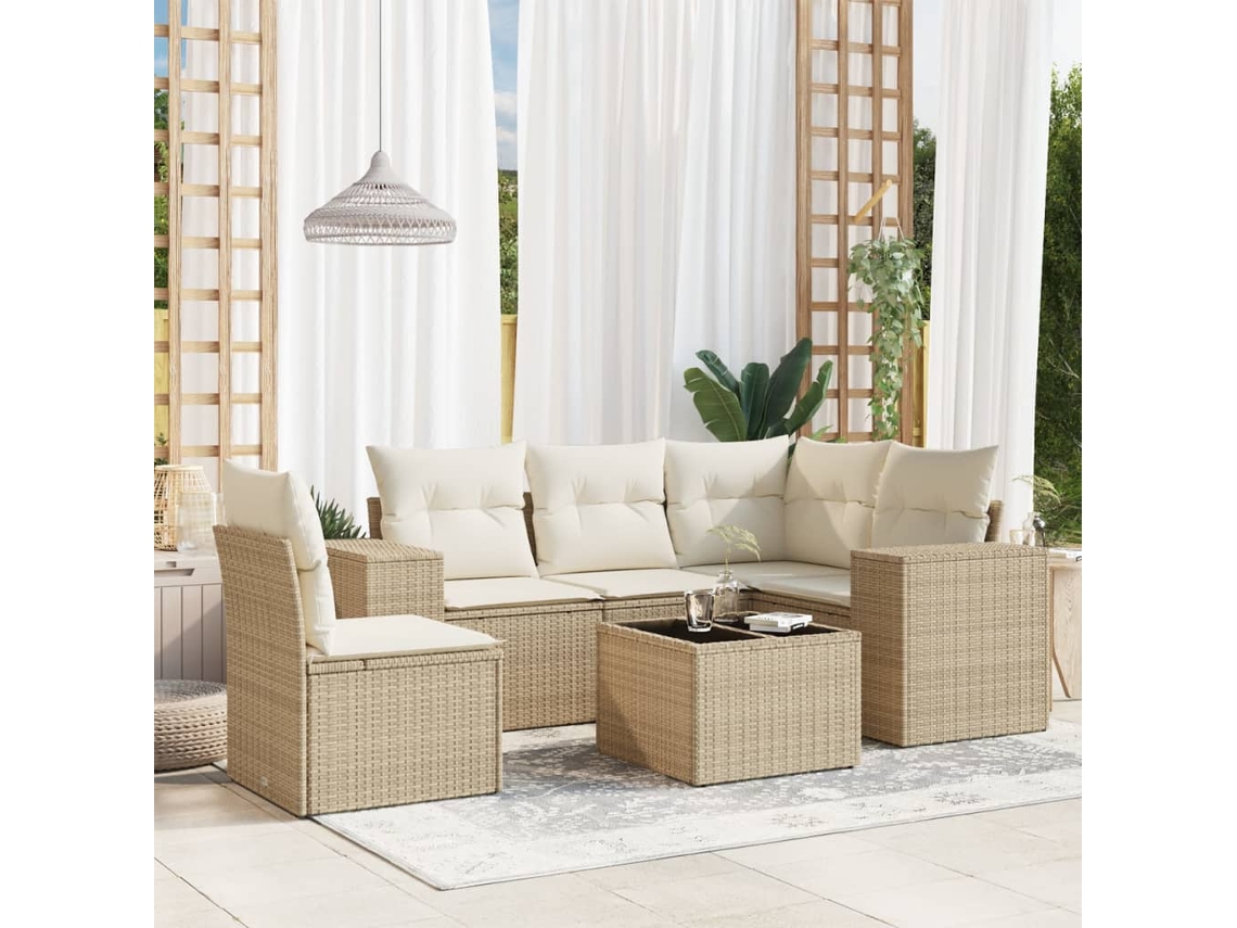 Vidaxl 6 Pcs Conjunto De Sofás P/ Jardim Com Almofadões Vime Pe Bege