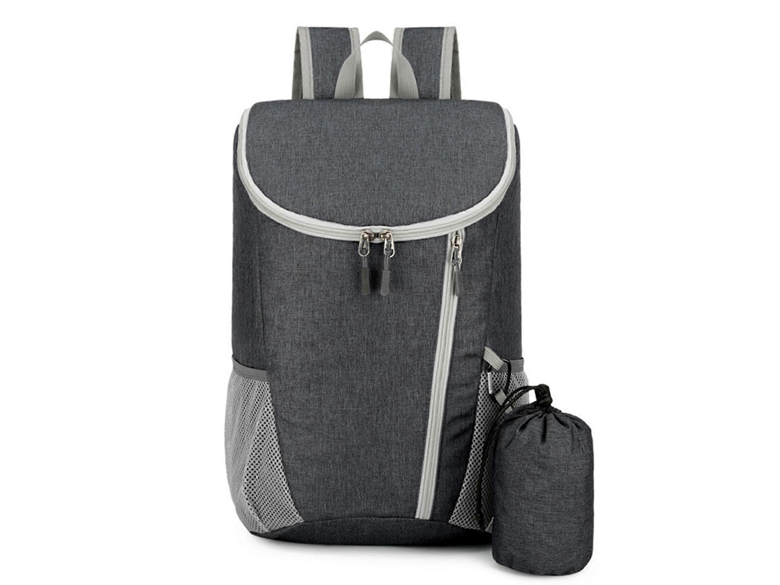 Mochila Dobrável Compacta E Versátil Em Nylon, Ideal Para Camping, Ciclismo E Compras, Na Cor Cinza Escuro.
