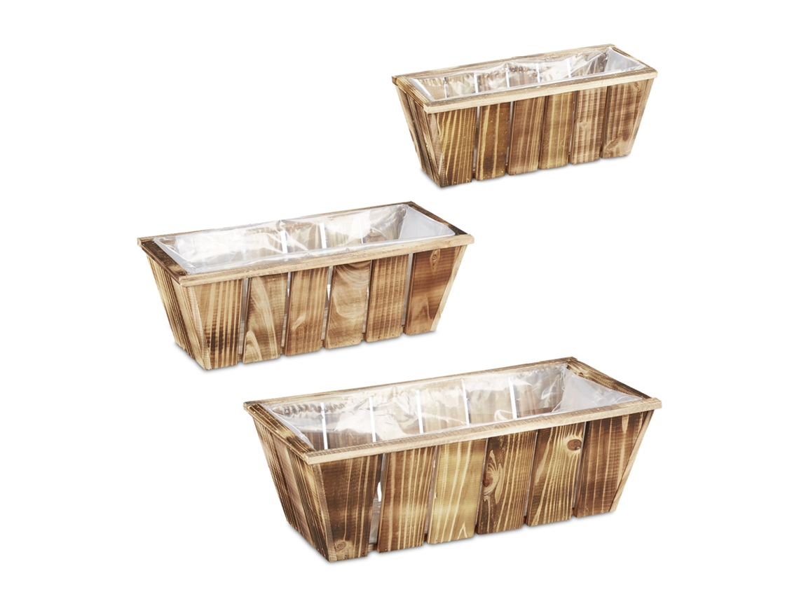 Conjunto De 3 Vasos De Flores Relaxdays, Em 3 Tamanhos, Madeira Flamejada, Com Forro, Para Interior E Exterior.