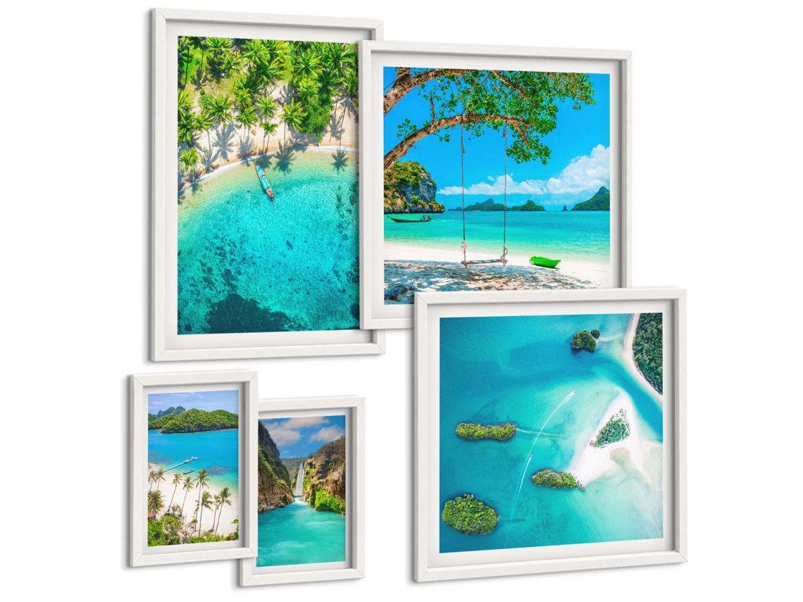 Conjunto De Pinturas Praias, Palmeiras, Água Cristalina Moldura Branca Quadros Para A Sala De Estar Espelharte (conjunto De 5 Imagens)