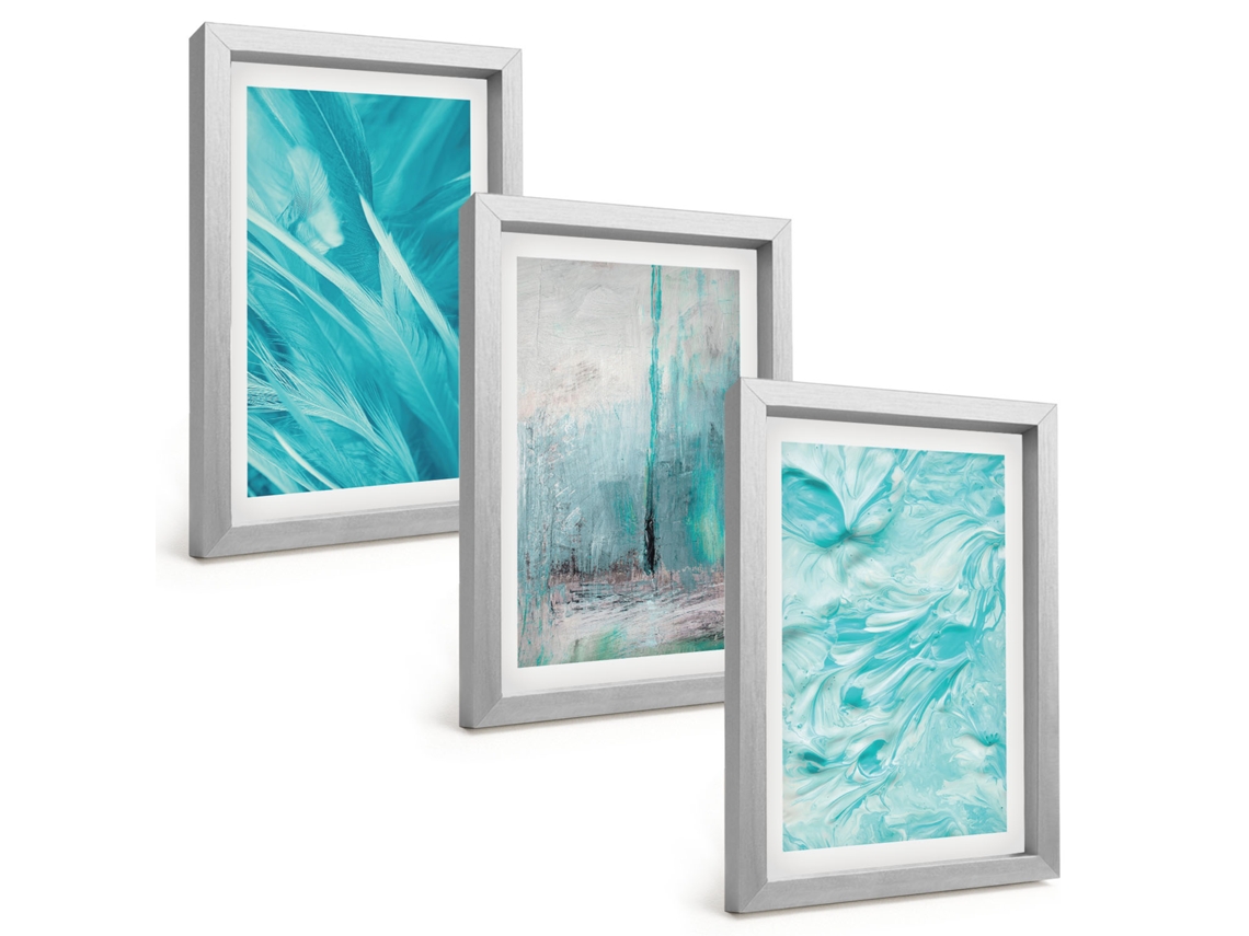 Um Conjunto De Imagens Decorativas Em Uma Molduratons De Azul, Padrões Abstratos Moldura Prateada Pinturas De Quarto Espelharte (3 Peças 20x30 Cm)