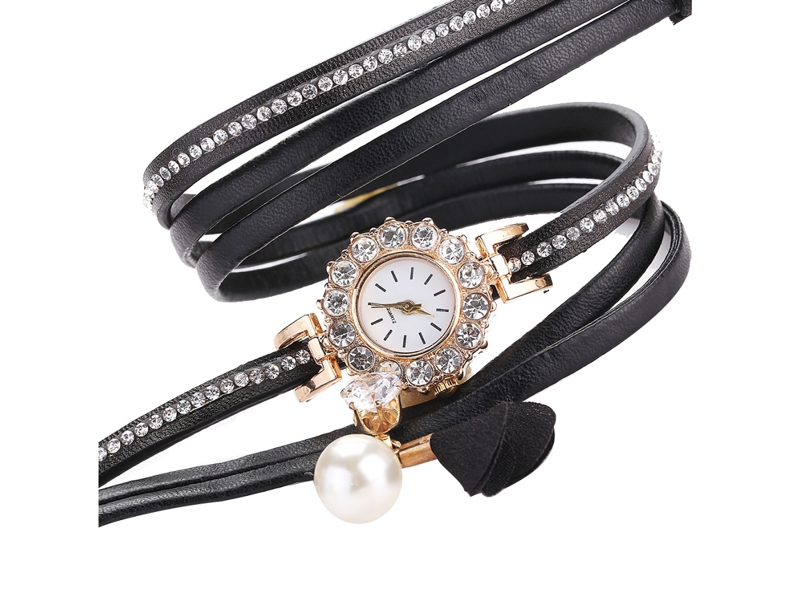 Relógio de Pulso Feminino de Moda com Pulseira de Couro Pu e Cristais em Quartzo Preto