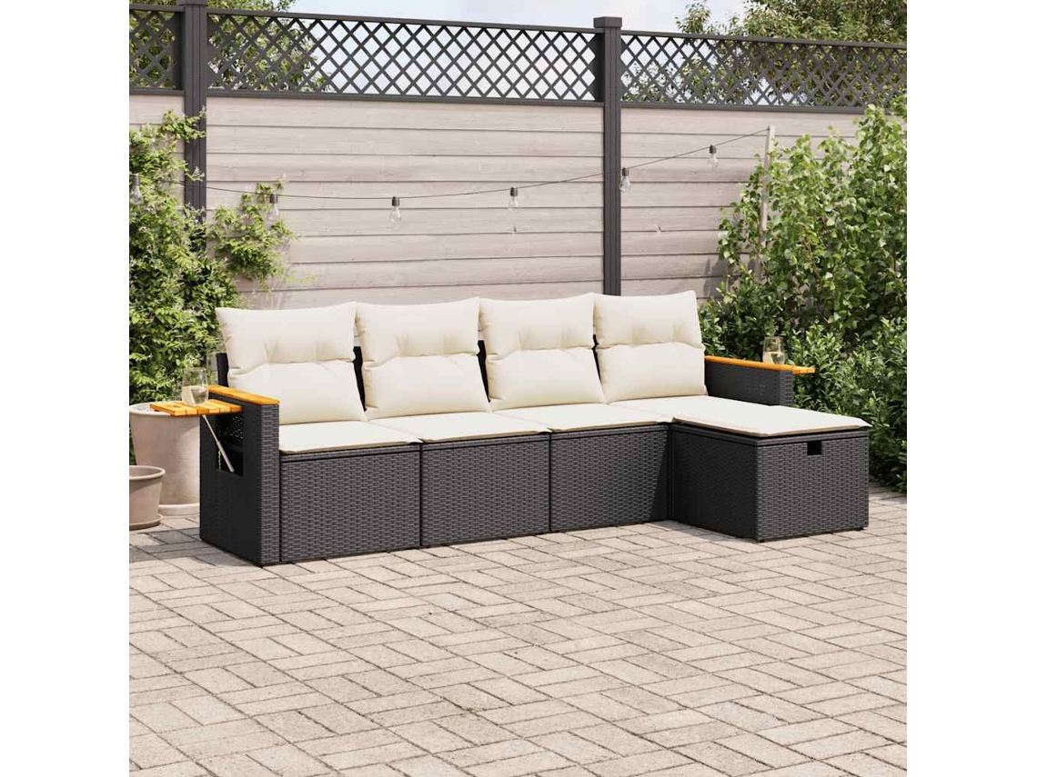 Vidaxl 5 Pcs Conjunto Sofás De Jardim Com Almofadões Vime Pe Preto