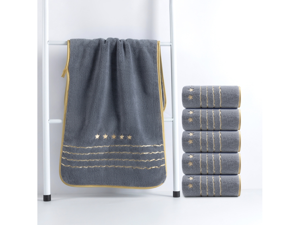 Toalha de Lã Coral Macia e Absorvente com Bordado de Estrela Dourada 6 Peças,cinza,35x75cm GERTIZ