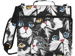 Pasta de 3 Argolas com Estampa Gatos em Quadrinhos, Zíper, Alça Ombro e Vários Bolsos, Ideal para Escritório,