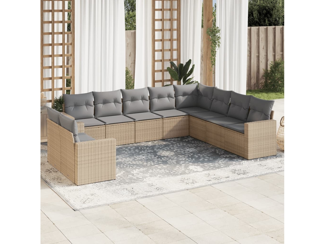 10 Pcs Conjunto De Sofás P/ Jardim Com Almofadões Vime Pe Bege Dkd Home Decor