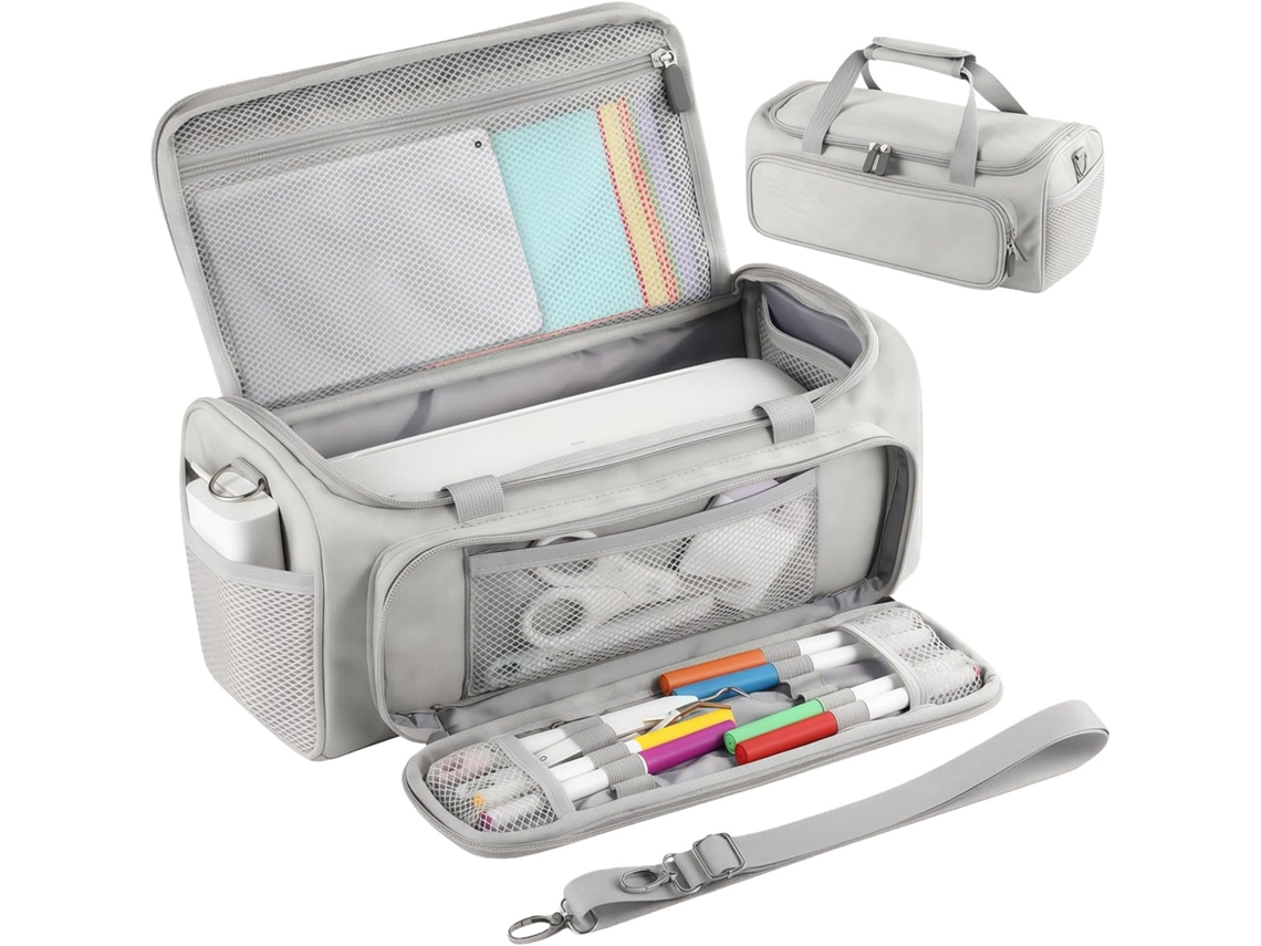 Bolsa multifuncional para planner com bolsos laterais grandes em tecido e compartimento frontal para armazenamento eficiente.