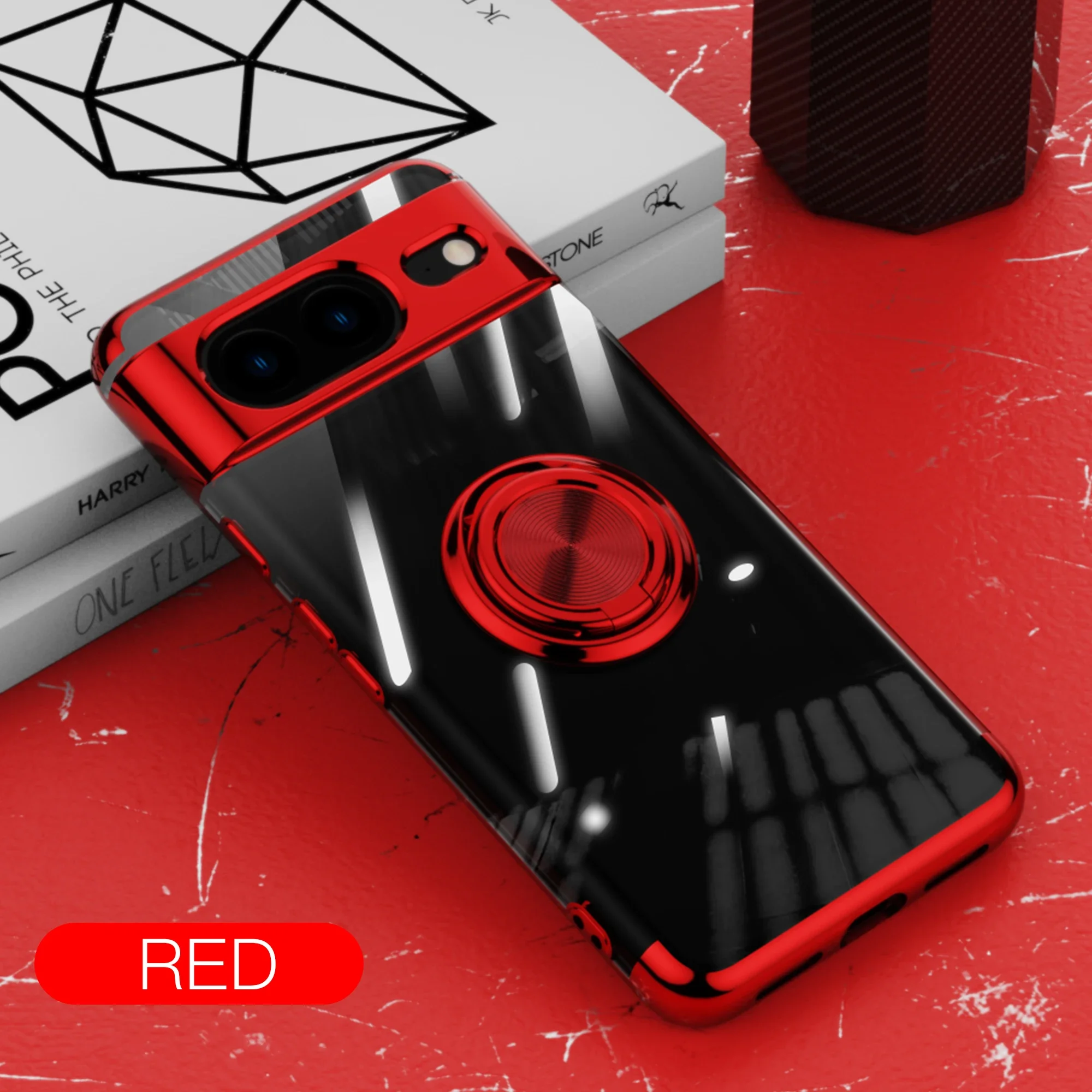 (vermelho, Google Pixel 8) Capa Transparente Ultrafina Com Acabamento Galvanizado E Suporte De Anel Metálico Resistente A Impactos