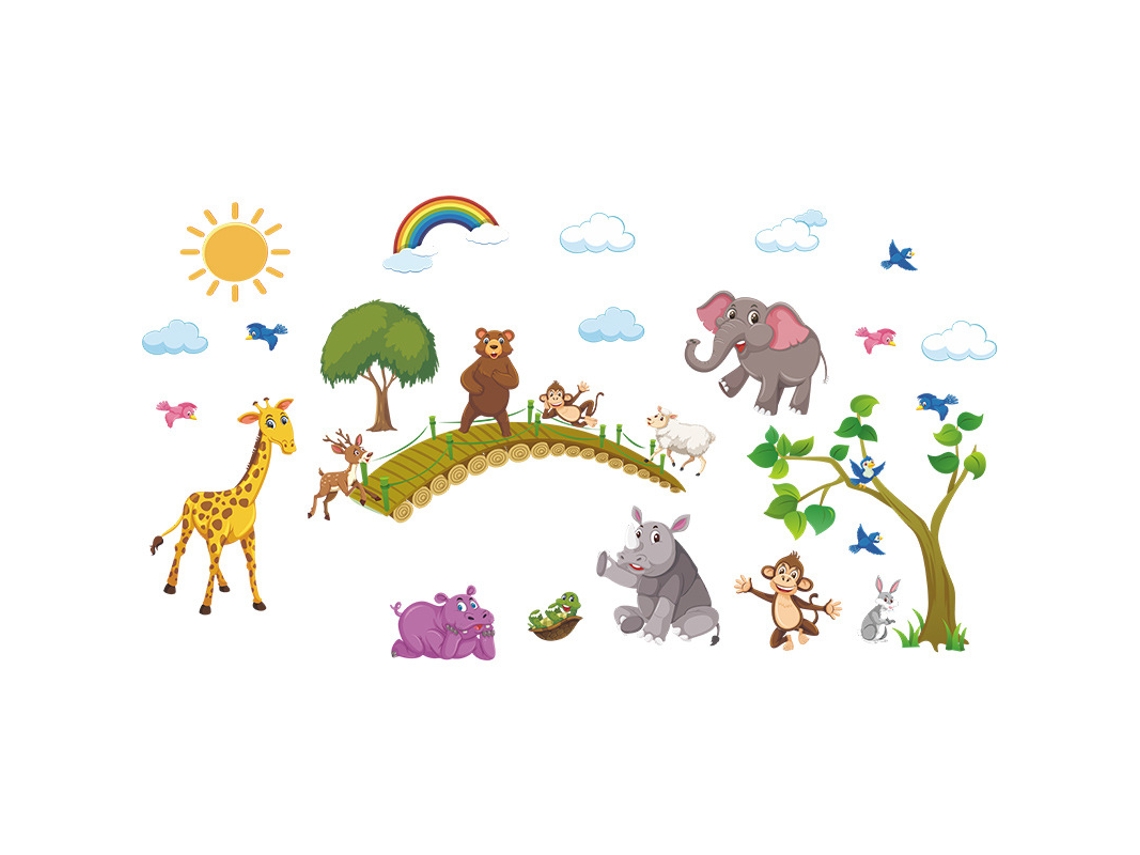 Um Conjunto De Adesivos De Parede De Animais Com Nuvens, Sol E Pássaros Aquaforge