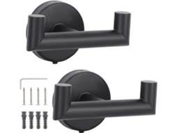 Ganchos de Banheiro, Suporte de Toalha Parede, Duplo em Aço Inoxidável, Preto, 2 Peças BRILVIBERA