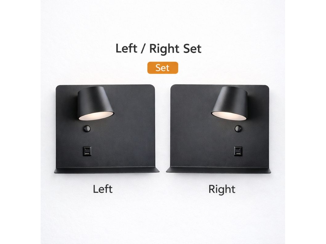 Conjunto de 2 Apliques Led Orientáveis 6w Com Usb E Tipo-c, Cct 2700-6000k, Osram, Esquerdo + Direito, Metal Preto Fosco