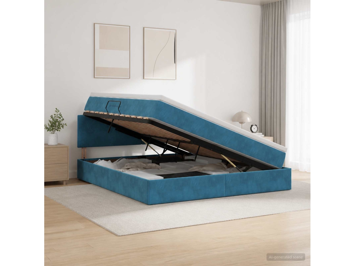 Vidaxl Cama Com Armazenamento Azul Escuro 180 X 200 Cm Veludo