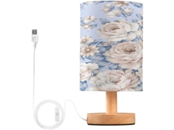 Abajur De Cabeceira Led Branco Com Estampa Floral, Cúpula De Tecido, Base De Madeira E Porta Usb, Ideal Para Leitura Em