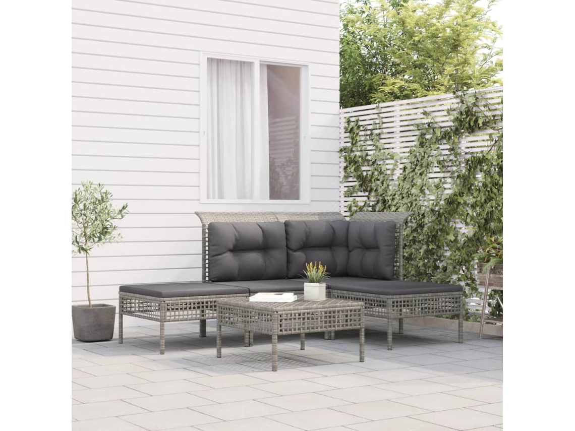Vidaxl 5 Pcs Conjunto Lounge De Jardim C/ Almofadões Vime Pe Cinzento