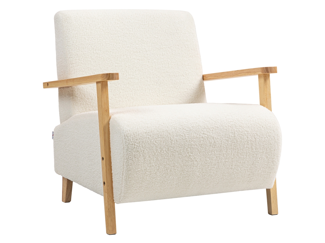 Poltrona Nórdica Sala De Estar Estofada Em Borrego Com Apoio Para Os Braços De Madeira 74,5x76x78 Cm Creme