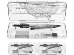 Conjunto de 3 caixas com régua, compasso e guia de desenho, 7 ferramentas de metal e plástico, duráveis para uso prolongado.