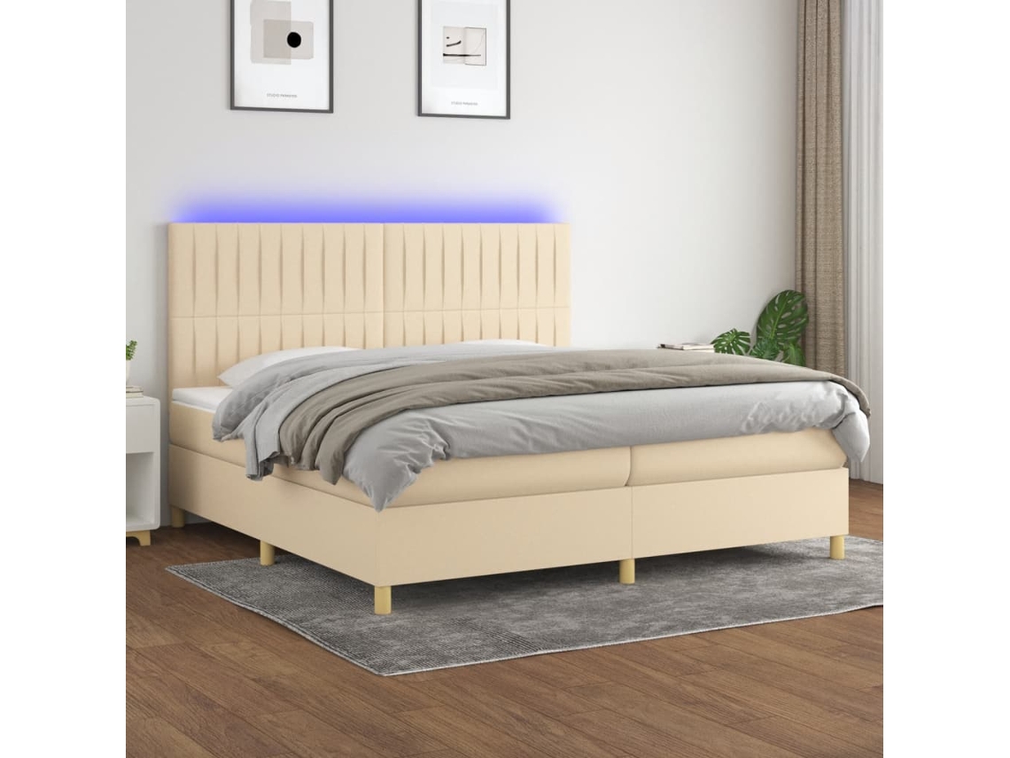 Vidaxl Cama Box Spring C/ Colchão E Led 200x200 Cm Tecido Cor Creme
