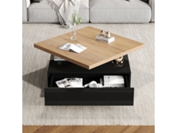 Mesa Lateral Multifuncional Com Gaveta De Café 360°, Móvel 2 Níveis Com Giro Central E Armário Em Preto E Madeira Natural.