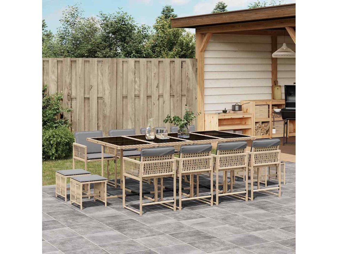Vidaxl 13 Pcs Conj. Jantar Jardim C/ Almofadões Vime Pe Bege Misturado