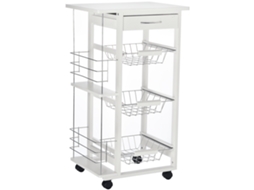 Carrinho De Cozinha C/ 3 Cestos Metálicos, Gaveta, 2 Suportes Temperos E Prateleira, 50,5x36x88,5cm, Branco