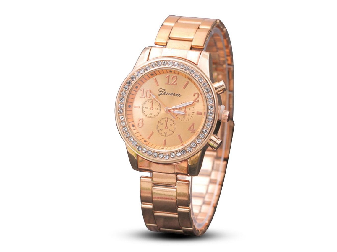 Relógio de Pulso Redondo Analógico de Quartzo com Decoração de Pietre Preciose Ouro Rosa