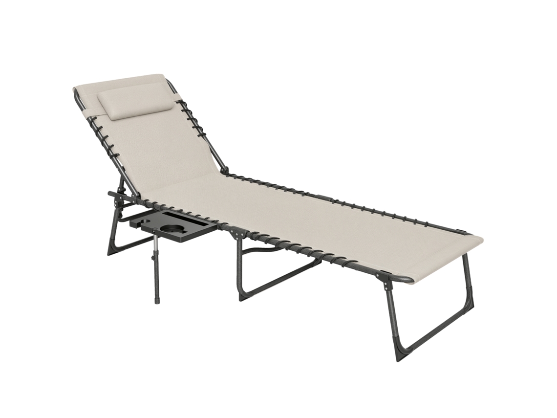 Espreguiçadeira Dobrável Espreguiçadeira Jardim com Encosto Ajustável Apoio de Cabeça Bolsa Lateral Bandeja 190x60x31 Cm Creme Ge