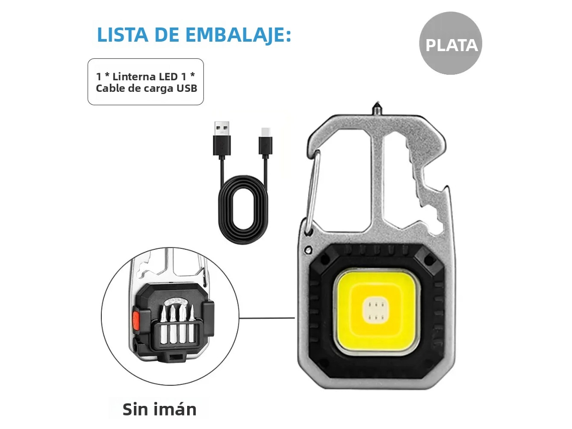 (prateado) Mini Lanterna Led Cob Recarregável Com Chaveiro Multifuncional, Resistente A Choques