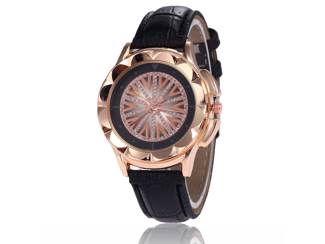 Reloj De Cuarzo Para Mujer Con Correa De Cuero Pu Y Diamantes Brillantes (negro)