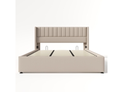 Cama de Casal Hidráulica 180x200 Cm com Arrumação e Estofado em Linho Bege, base de Ripas de Madeira e Metal PAPRIKA