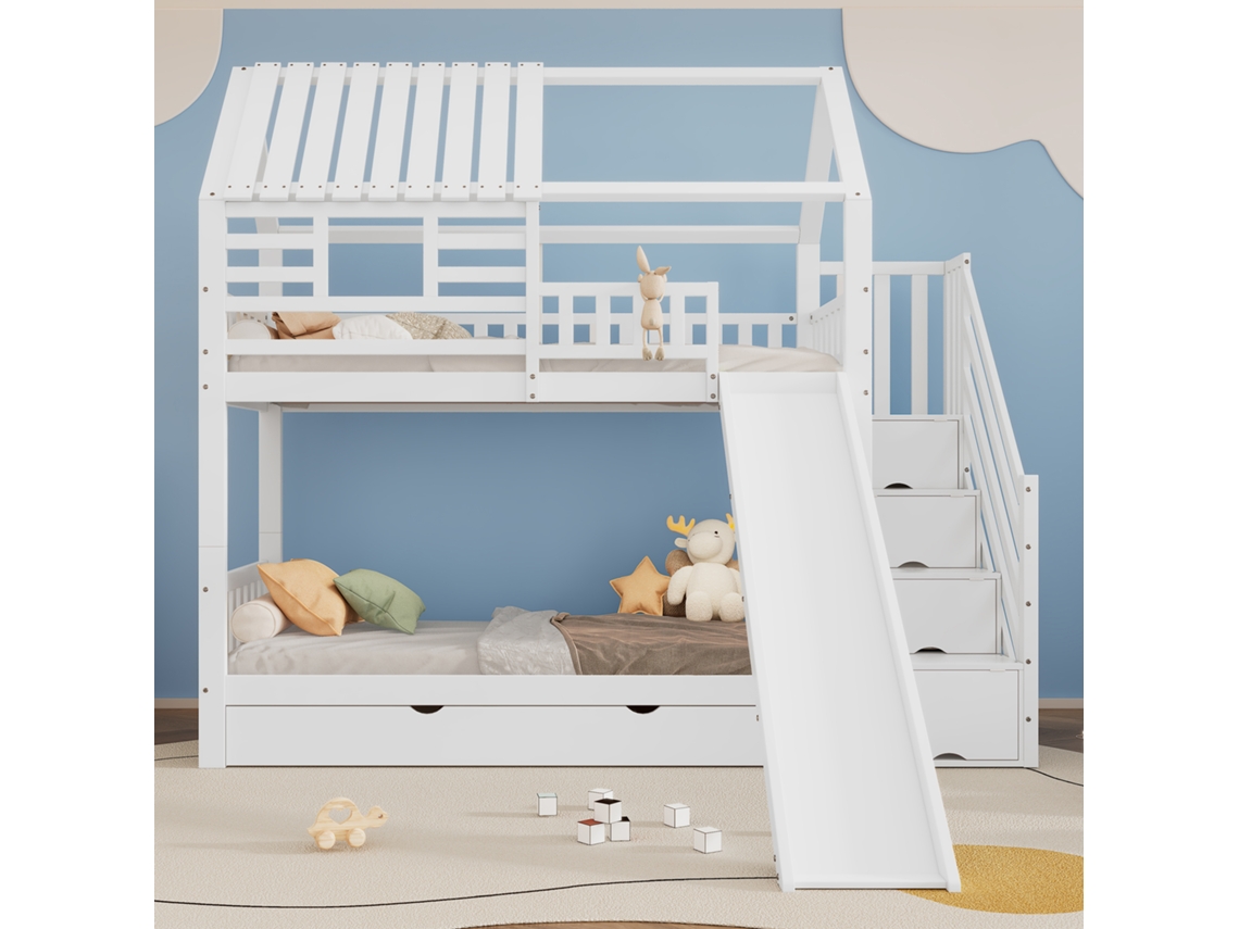 Cama De Andares 90x200cm Branco Com Escada Rampa Estante Proteção Anti-queda