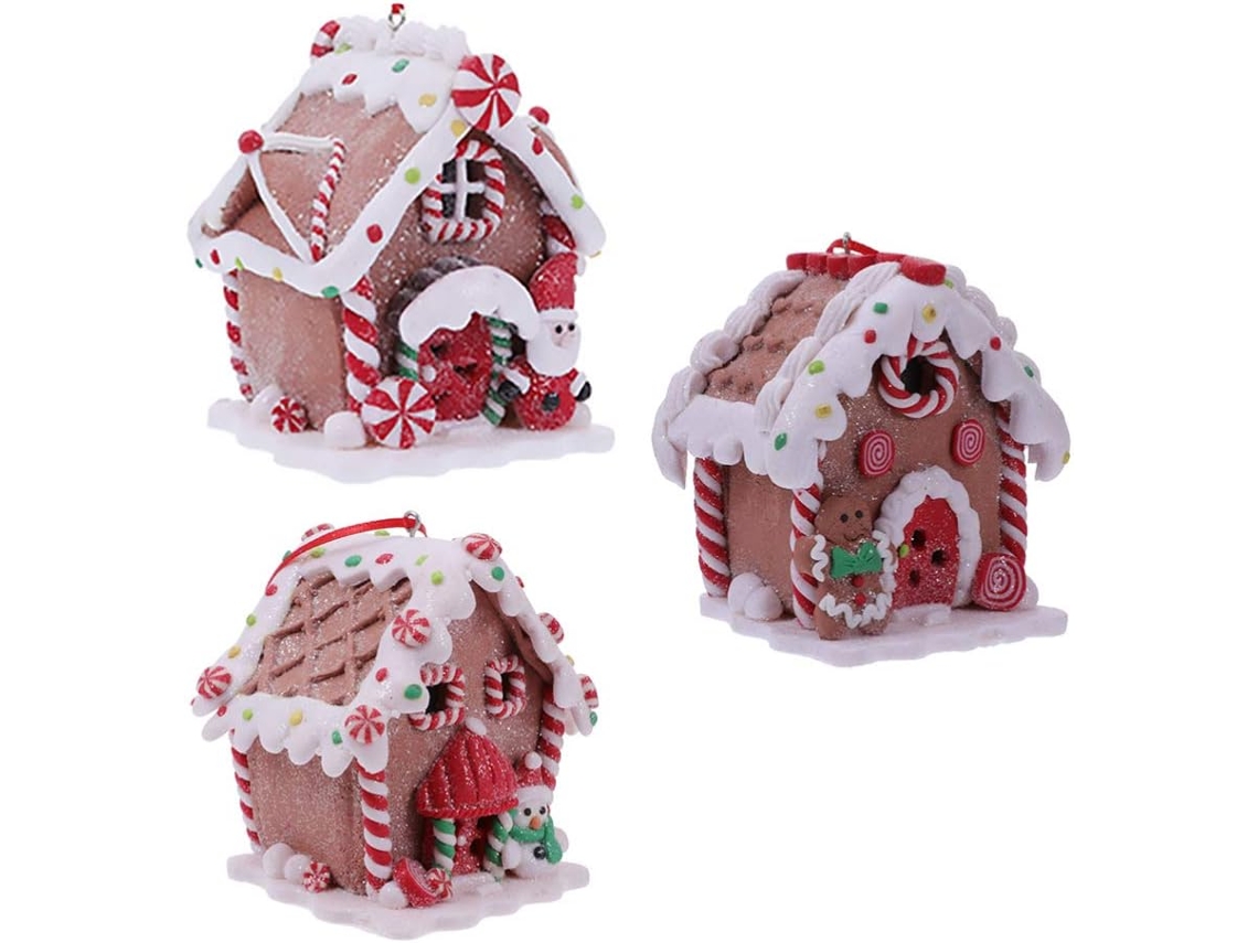 Conjunto de 3 enfeites de casa de especiarias com luzes LED, enfeite de árvore de Natal em formato de casa de especiarias.