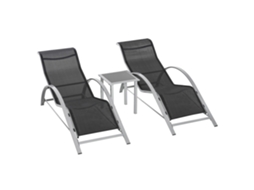 Conjunto 3 Peças Espreguiçadeira Mesa Tela Preta Varanda VELTRIX