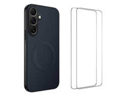 Capa Magnética Wanlonfeng Tq1 Series Com Textura De Fibra De Carbono E Tpu Para Samsung Galaxy A17 5g, Com 2 Películas De Tela, Cor Safira