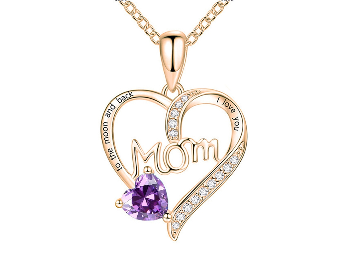 Colar com Pingente de Coração “mom” Gravado em Ouro Rosa, Pedra Roxa e Zircônias, Presente para o Dia da Mãe, Ergonômico, Uso Diário STELASPLEN