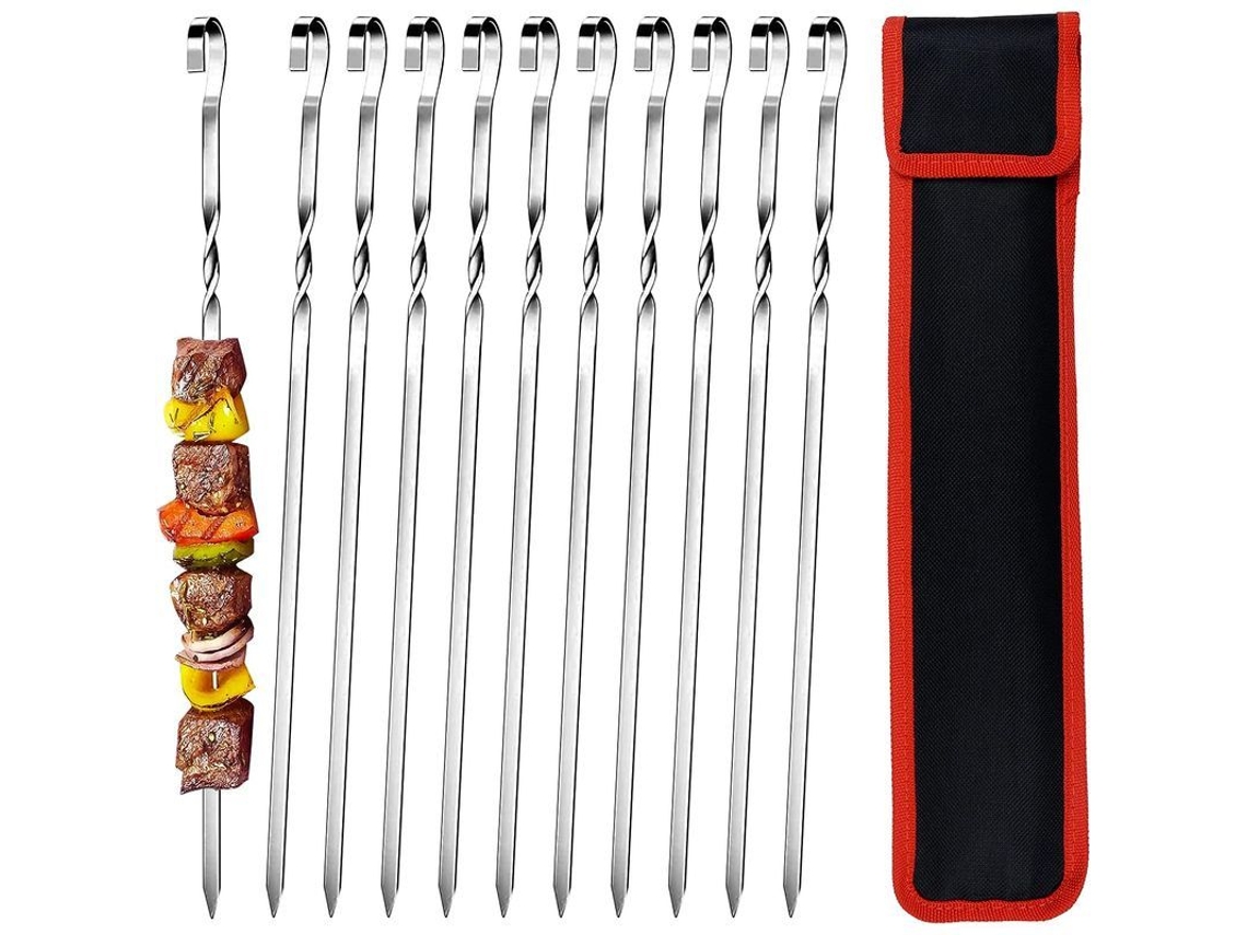Conjunto de 10 espetos de aço inoxidável para churrasco, 38cm, com sacola de armazenamento portátil