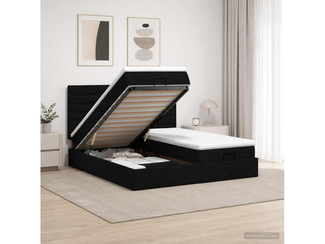 Vidaxl Cama Ottoman Com Colchão E Led Preto 180 X 200 Cm Tecido