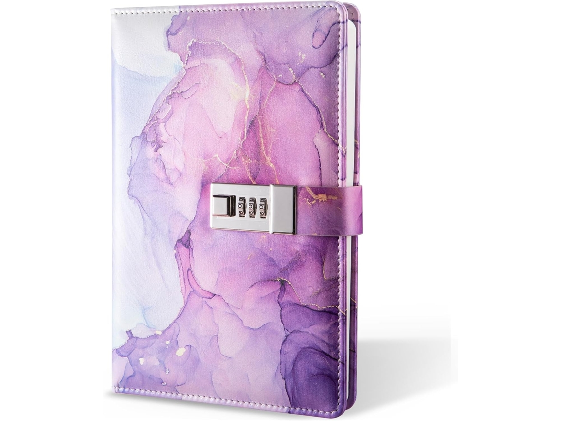 Libreta A5 con cerradura de combinación y cubierta de cuero sintético morado para notas - Aquaforge