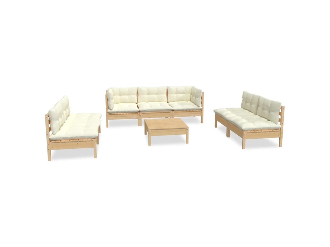 Conjunto de 8 Lounge Jardim com Almofadões Creme Pinho Maciço MAISON EXCLUSIVE