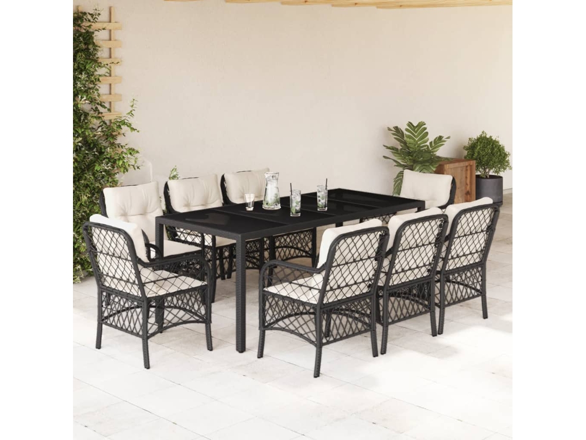 Vidaxl 9 Pcs Conjunto de Jantar P/ Jardim C/ Almofadões Vime Pe Preto